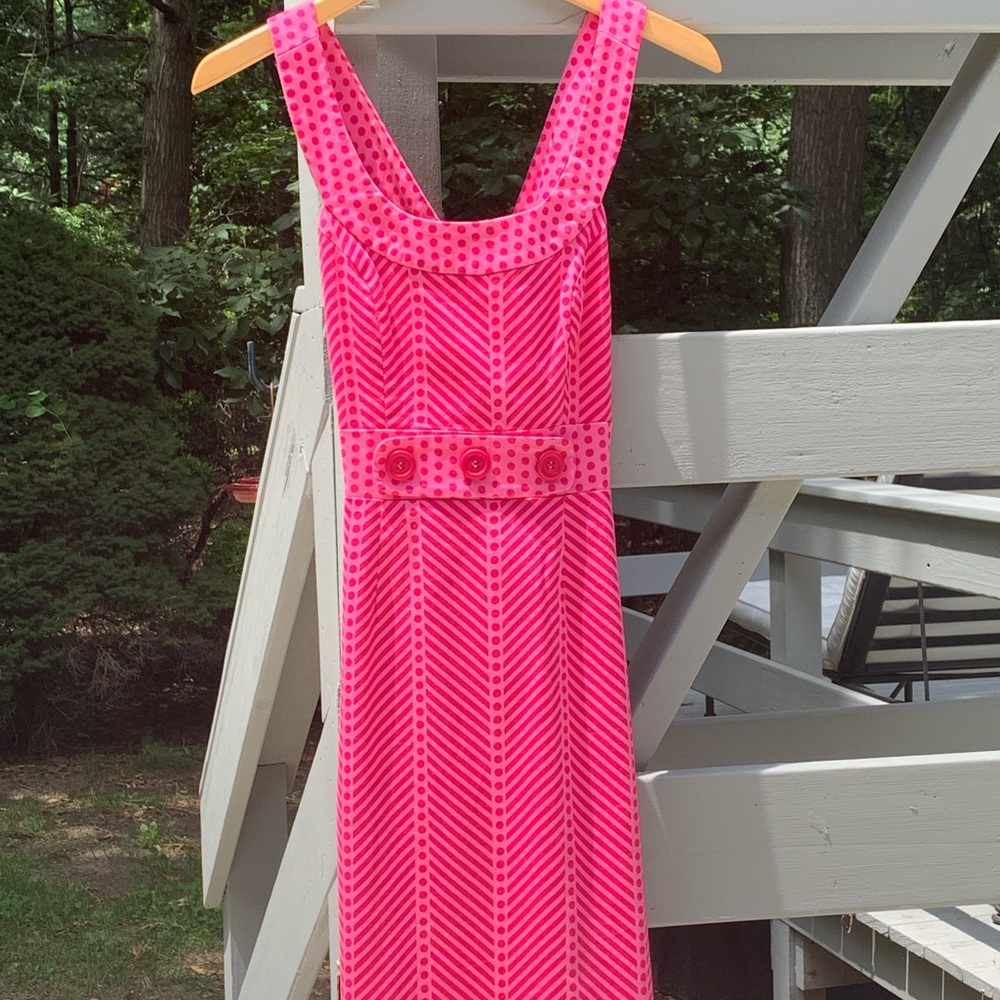 Designer Pink dress with hot pink polka dots.